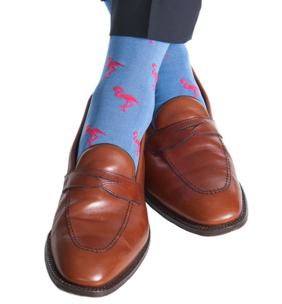 Dapper Classics Flamingo Cotton Mid Calf Sock, Azure Blue with Coral