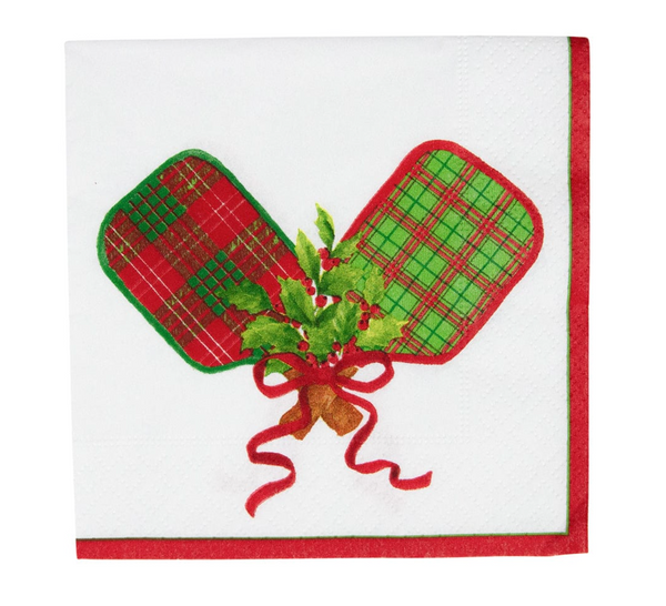 The Caspari Christmas Pickleball Cocktail Napkin, made by Caspari, is crafted from triple-ply material and showcases red and green plaid mittens with holly decorations in the center, all framed by a bold red edge. Designed with non-toxic inks, it's perfect for adding a festive touch to your gatherings.