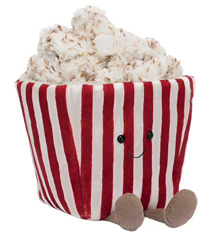 Meet Jellycat Amuseable Popcorn, a plush toy shaped like a striped red and white popcorn container with a smiling face and small feet, perfect for any movie buff looking for a snuggly carton to cuddle.