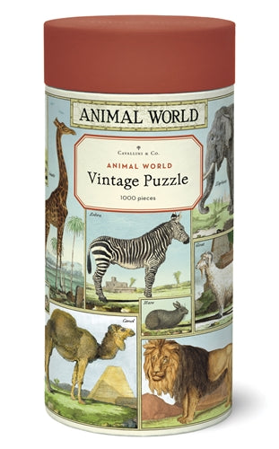 The cylindrical box from Cavallini Papers and Co, labeled "Cavallini & Co. Animal World 1,000 Piece Puzzle," showcases delightful illustrations of a zebra, giraffe, and camel. Inside, the 1000-piece puzzle is elegantly stored in a handsewn muslin bag for an added touch of sophistication.