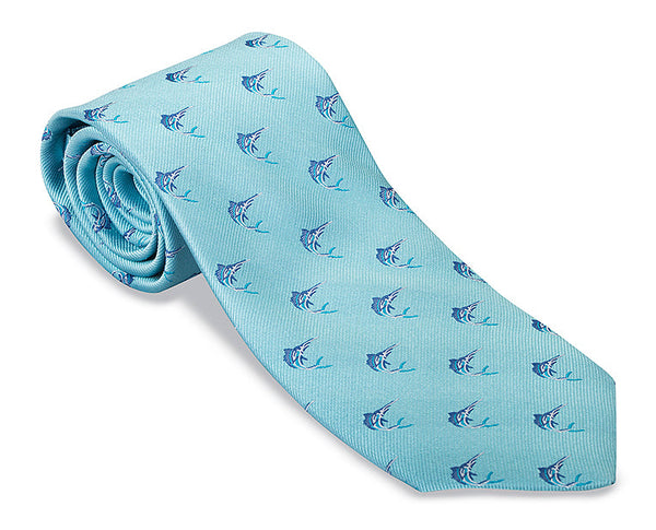 R. Hanauer Marlins Necktie by R. Hanauer, a 57-inch light blue rolled silk necktie featuring a pattern of small blue marlin fish. Made in the USA.