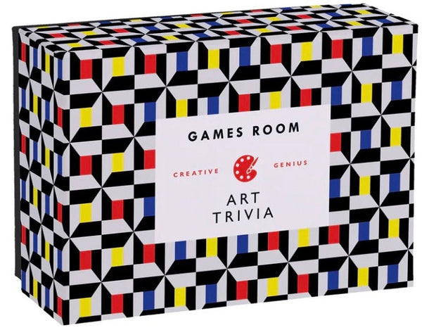 A colorful box labeled "games room - Chronicle Books Art Trivia game" featuring an abstract geometric pattern with black, yellow, red, and blue diamonds.