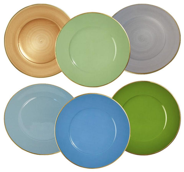 Six ceramic plates from the Anna Weatherley Charger Collection in various colors—gold, green, grey, light blue, blue, and dark green—each adorned with gold borders inspired by Anna Weatherley's designs, are arranged in a circular pattern.