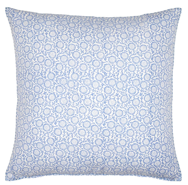 John Robshaw Chandra Azure Euro Pillow with Insert with a detailed Chandra pattern on a cotton linen fabric cover.