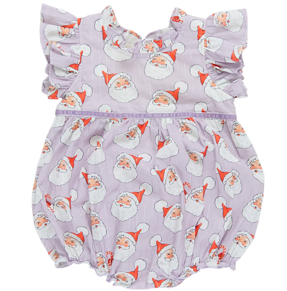 The Pink Chicken Baby Girl Jennifer Bubble romper showcases vintage-inspired Santas on a purple fabric, complete with short ruffled sleeves and ruffled leg openings accented by lavender velvet trim.