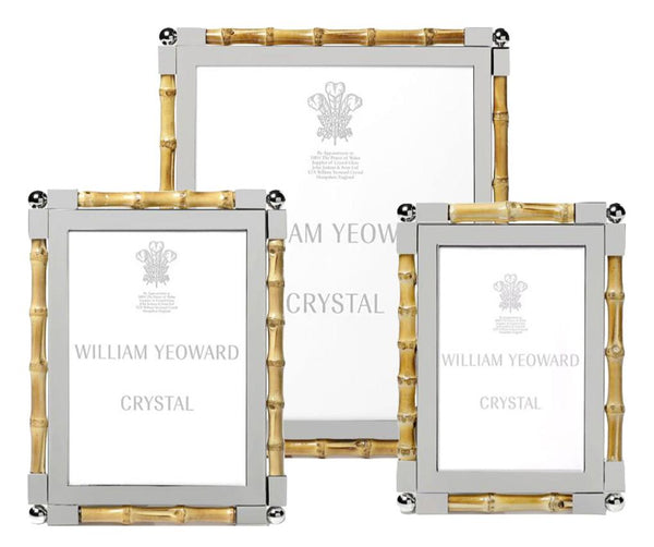 Three William Yeoward Crystal Classic Frames from the Bamboo Collection, featuring silver-accented bamboo-style borders and nickel-plated details, perfect for adding a touch of elegance to your décor.