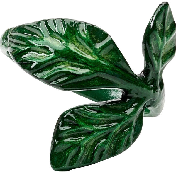 A green ceramic sculpture of three interwoven leaves with detailed veins, resembling the Deborah Rhodes Basil Leaf Resin Napkin Ring, Set of 4 by Deborah Rhodes.