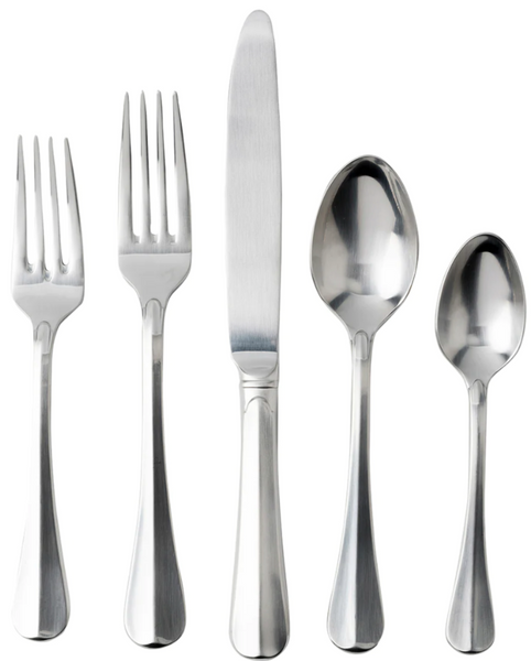 A set of five stainless steel flatware pieces, including two forks, one knife, and two spoons with a satin-finish, arranged in a row against a white background. The product is the Juliska Bistro 5 Piece Flatware Set, Bright Satin by Juliska.