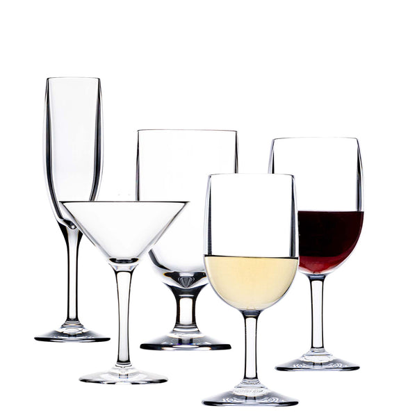 Five types of Bold Revel Acrylic Collection drinkware against a white background: a champagne flute, a martini glass, an empty glass, a glass with white wine, and a glass with red wine.