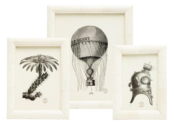 The Pigeon & Poodle Velden Frame Collection, featuring three white-framed art prints that beautifully capture a palm tree, a hot air balloon, and a diver's helmet in natural hues, serves as perfect foyer details.