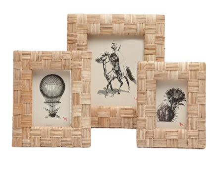 Three Pigeon and Poodle Grasse picture frames displaying illustrations of a hot air balloon, a mounted knight, and a plant.