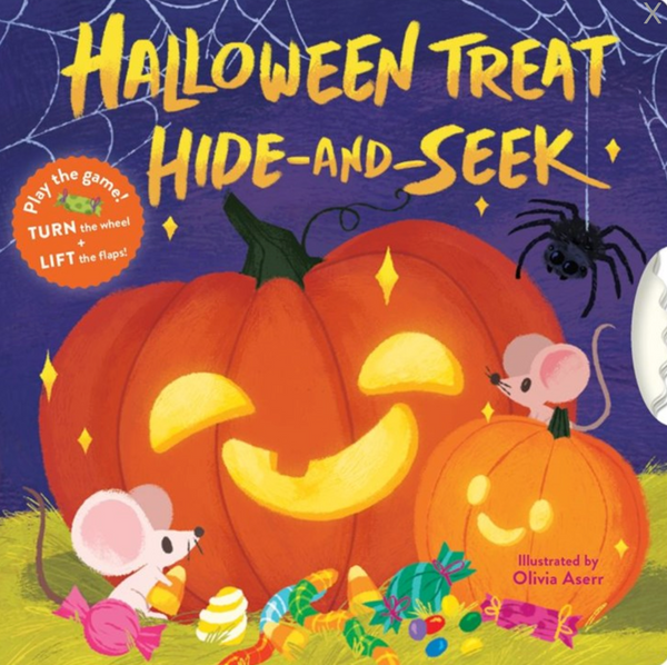 The book cover of "Halloween Treat Hide-and-Seek" by Chronicle Books, showcases a Halloween-themed scene with two carved pumpkins, two mice, and an assortment of colorful candies. The background is adorned in purple with the addition of a spider and cobwebs. Text bubbles invite readers to "TURN the interactive wheel" and "LIFT the flaps!" for an engaging kids' guessing game experience.