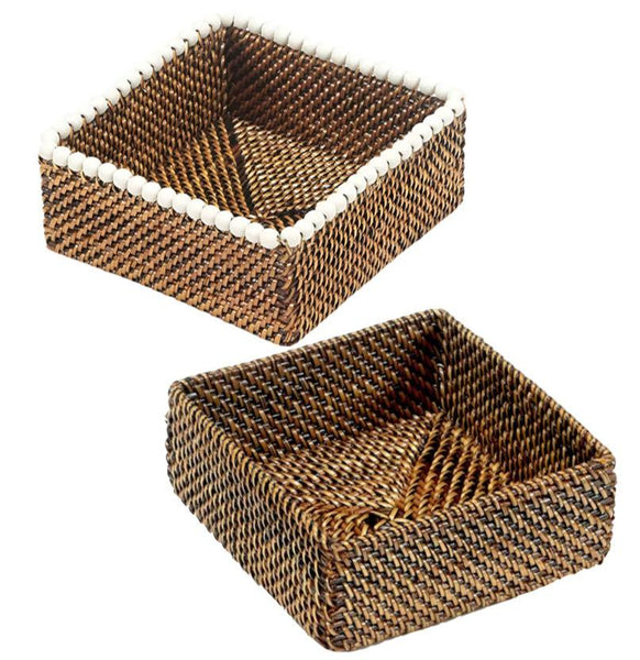 Rediscover eco-friendly elegance with the Calaisio Cocktail Napkin Holder Collection, from Calaisio. These two empty square wicker baskets add a chic beauty touch; one is adorned with white bead accents around the top edge, while the other captures the allure of exotic vines.