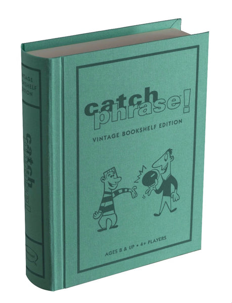 Green book-like box titled "Catch Phrase Vintage Bookshelf Edition" by WS Game Company, featuring cartoon characters on the cover. Suitable for ages 8 and up, 4 or more players.