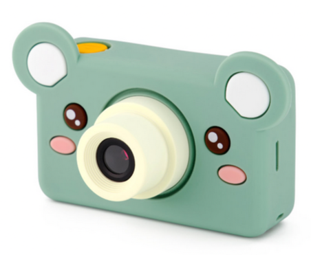 The Kidamento Digital Camera Model C, known as Mikayo the Bear, is a charming green toy camera for kids featuring an adorable animal-themed design with large ears and a round lens. Its compact construction guarantees durability, making it perfect for endless playtime adventures.