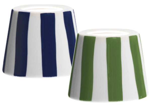 Two Zafferano Poldina Lido Shades by Zafferano America, featuring a striped, cone-shaped ceramic design; one with blue and white stripes and the other with green and white stripes, both handmade in Italy, placed against a plain white background.