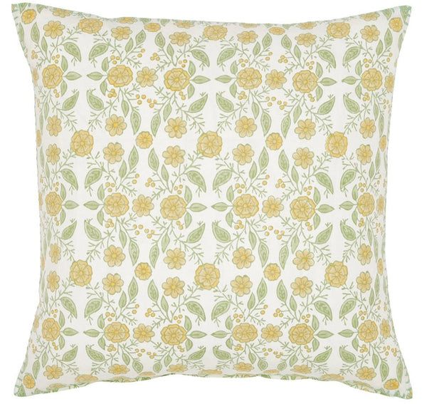 John Robshaw Cherika Marigold Euro square pillow with a floral pattern featuring yellow flowers and green leaves on a white background, made from linen cotton.