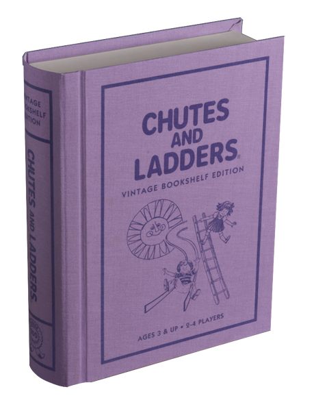 Purple book cover of 'Chutes and Ladders Vintage Bookshelf Edition' by WS Game Company. Classic 1979 graphics feature illustrations of two children playing—one sliding down a chute and another climbing a ladder. Suitable for ages 3 & up, 2-4 players.