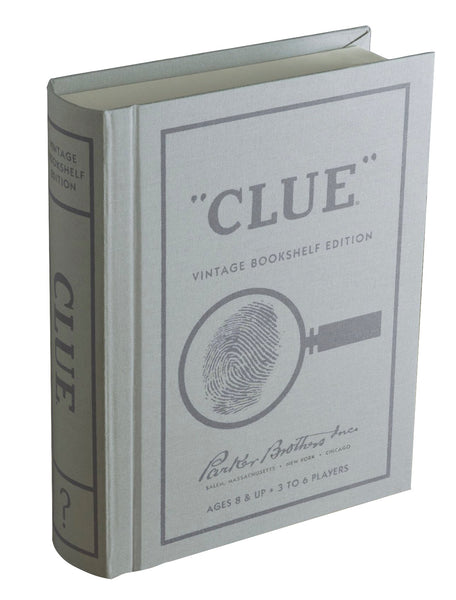 The Clue Vintage Bookshelf Edition by WS Game Company is designed to resemble a linen-wrapped hardcover book with a gray cover, featuring an illustration of a fingerprint and magnifying glass.