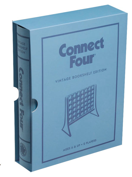 Connect Four Vintage Bookshelf Edition game box by WS Game Company. Featuring a pale blue design with printed game images and text detailing age and player requirements, this collectible edition offers a classic vertical strategy game experience.