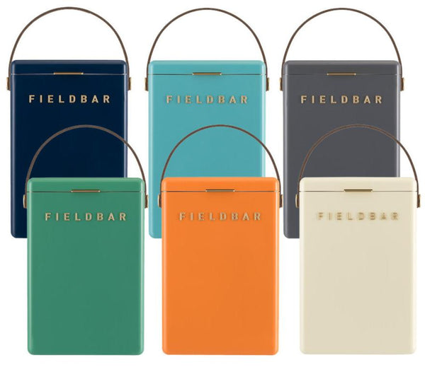 Image of six rectangular Fieldbar Drinks Box Coolers from the Fieldbar Drinks Box Cooler Collection in various colors: dark blue, teal, light blue, dark gray, orange, and cream. These cooler boxes feature a handle on top and deliver excellent thermal performance.