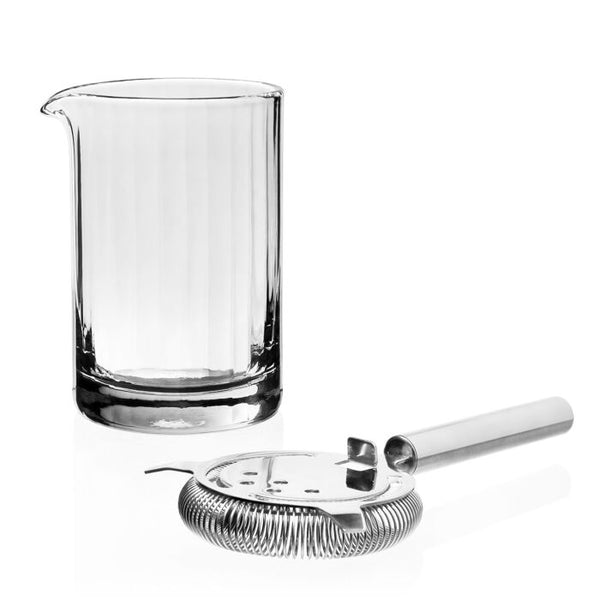 A William Yeoward Crystal Corinne Mixer and Strainer Set by William Yeoward Crystal, perfect as a bartender tool, on a white background.