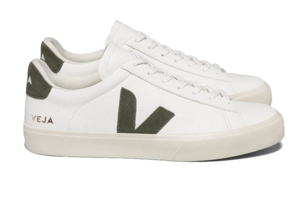 Veja's Men's Campo Chromefree Leather Sneaker, made in Brazil from ChromeFree leather, featuring a green "V" on the side and "VEJA" written in pink on the heel.