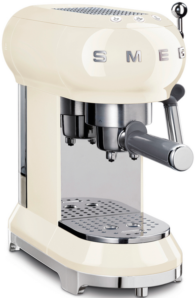 A beige espresso machine from the SMEG Espresso Machine Collection by Smeg, featuring a silver lever and buttons, a stainless steel drip tray, and the SMEG logo on the front, includes an adjustable Cappuccino system for personalized brews.