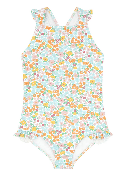 Minnow Girls' Crossover One Piece with UPF 50+ protection, shoulder ruffle straps, and crisscross back in pink, orange, and turquoise colors by Minnow.