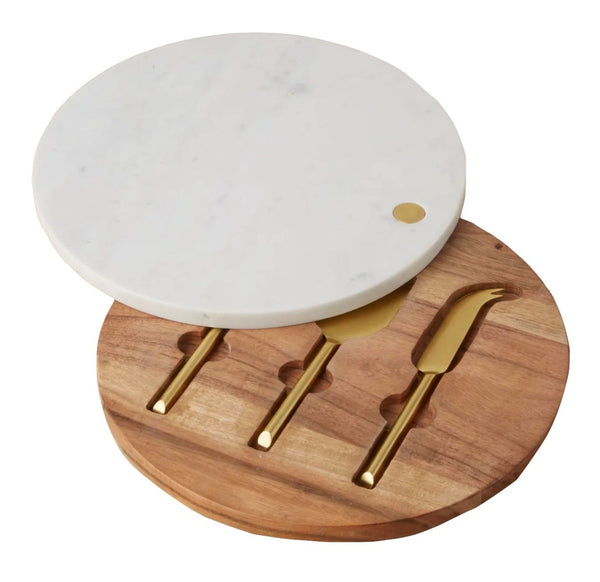 Be Home Garnet Swivel Board & Cheese Set with a wooden base featuring three gold-toned cheese knives neatly stored in designated slots. This elegantly designed cheese set by Be Home is ethically crafted and perfect for entertaining.