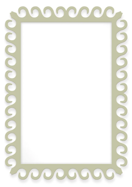 A Fleur Home Fleur Carnival Gras Rectangle Mirror with a light green border featuring a continuous swirl pattern reminiscent of New Orleans during Carnival season. The center is white and empty.