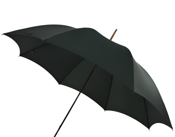 A large, dark green bamboo cane handle umbrella with a Classic Fox steel tube frame is fully open against a plain white background.