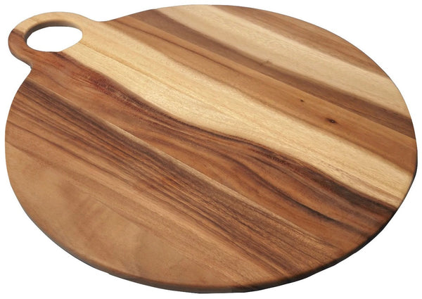 A round, handcrafted Be Home Acacia Wood Round Board with Handle Collection by Be Home with a smooth finish and a handle with a hole for hanging, made from sustainably sourced wood.