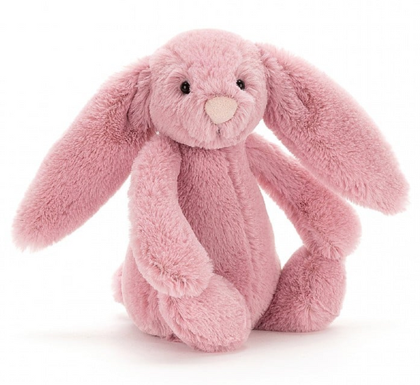 A Jellycat Bashful Tulip Bunny, Small, this soft plush toy features long floppy ears and black eyes, sitting upright against a white background.