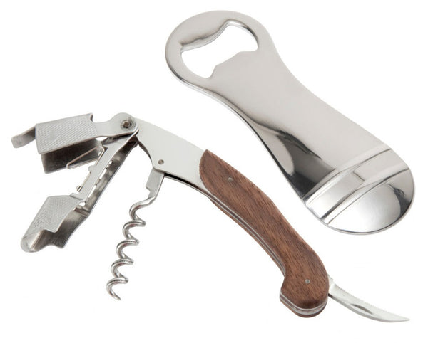 A Fortessa Crafthouse Signature Bottle Opener Set from the Fortessa Signature Collection, complete with a lever and a professional-quality metallic bottle opener, are placed side by side on a white background.