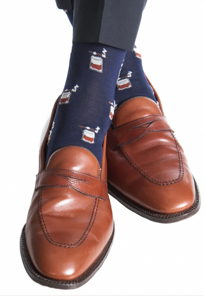 Dapper Classics Bourbon with Cigars Mid Calf Socks, Navy and Brown