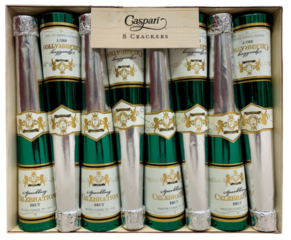 A set of eight Caspari Sparkling Wine Bottle Crackers, showcasing classic paper designs in green and silver foil with a decorative gold crest, promises festive surprises for any celebration.