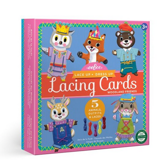 A colorful box of "eeboo Woodland Friends Dress Up Lacing Cards" featuring woodland animal characters in different outfits. This eco-friendly toy includes 5 animals, outfits, and laces, helping kids aged 3 and up learn basic sewing skills by Eeboo.