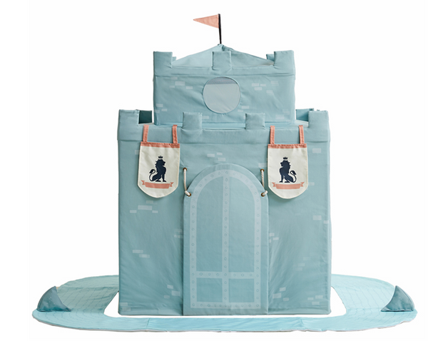 Introducing the Asweets Fun Fortress Playhome: a blue play castle ideal for any playroom. Decorated with a pink flag and made from durable polyester canvas, it includes two drawbridge panels featuring knight silhouettes for countless adventures.