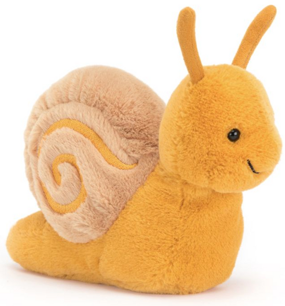 A soft plush toy shaped like a sandy snail, with a yellow body and swirly brown shell, featuring two small antennae on its head. The Jellycat Sandy Snail by Jellycat is perfect for snuggles.