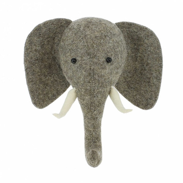 A Fiona Walker England wool felt elephant wall head with tusks on a white background.