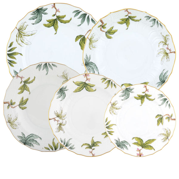 The Herend Foret Garland Collection by Herend includes a set of five white porcelain plates, each featuring hand-painted green leaf and floral designs around the edges and adorned with a gold-rimmed border.