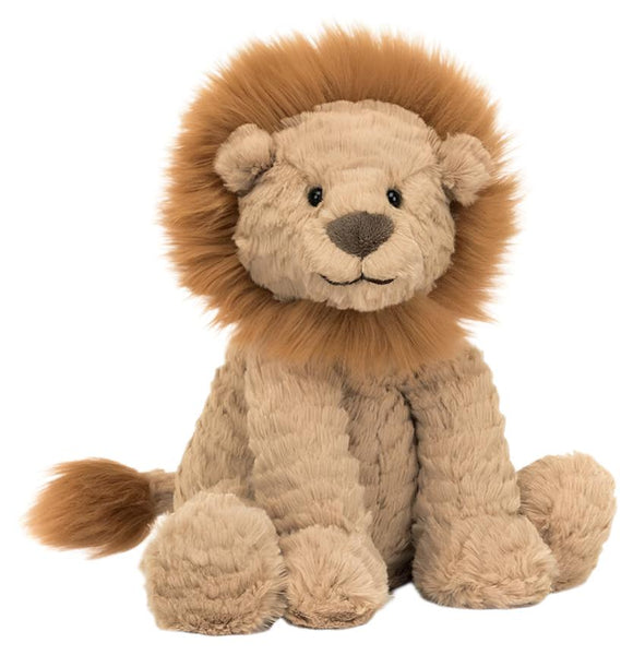 A Fuddlewuddle Lion plushie, designed by Jellycat, sitting on a white background.