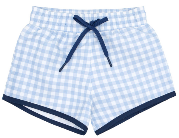 Introducing the Minnow Boys' Oasis Boardie by Minnow: a boy's board short featuring oasis blue gingham with a navy blue drawstring, navy blue trim, and an elastic waistband for a comfortable fit.