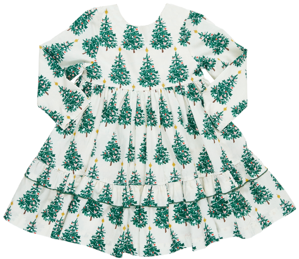 A charming Pink Chicken Girls' Spencer Dress, adorned with a Festive Forest print of Christmas trees and featuring a ruffled skirt, perfect for any holiday party.