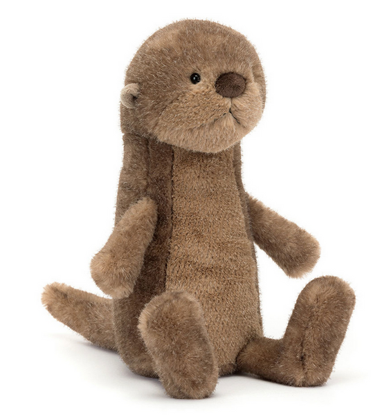 Meet Jellycat Brooke Otter, a soft, brown plush toy with fudge fur and a long tail, sitting upright with its legs and arms spread out.