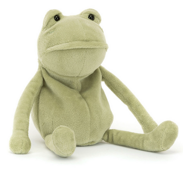 A light green stuffed frog toy named Jellycat Fergus Frog, Little by Jellycat sits upright with a neutral expression, long arms, and legs, made from soft velour, exuding an air of froggy wisdom.