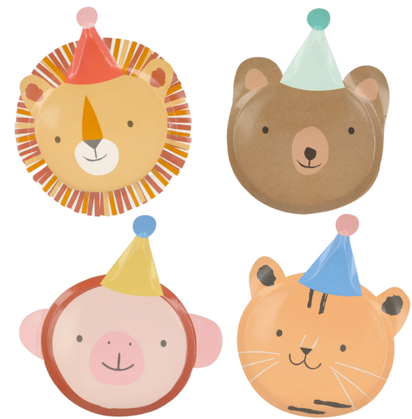 Introducing the Meri Meri Animal Parade Die Cut Plates: a delightful set featuring adorable designs of a lion, bear, monkey, and tiger, each adorned with a vibrant party hat. Perfect for bringing joy to young party guests!