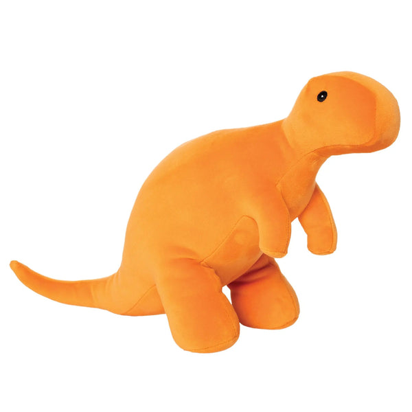 The Manhattan Toy Velveteen Dino Growly, T-Rex by Manhattan Toy, featuring small black eyes, short arms, and a long tail, debuted at Toy Fair 2020.