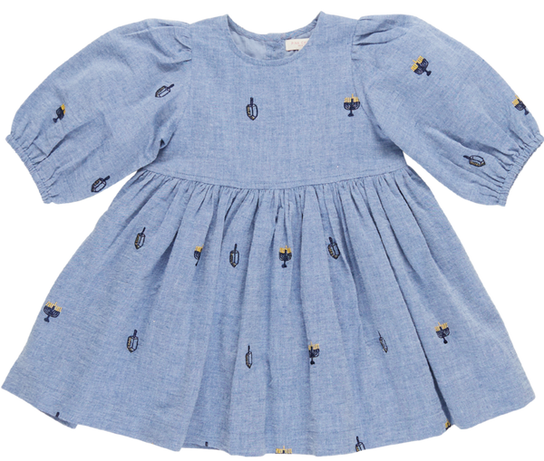 Blue Pink Chicken Girls' Brooke Dress with gathered puff sleeves and a cinched waist, decorated with small embroidered menorahs.